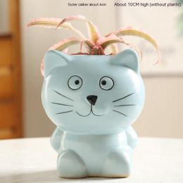 Succulent Flower Pot Ceramic Breathable Stoneware (Option: Lucky Cat Blue Single)