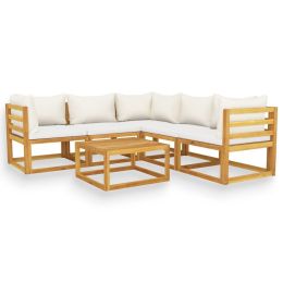 6 Piece Patio Lounge Set with Cushion Cream Solid Acacia Wood (Color: Cream)